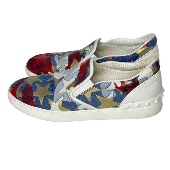 ValentinoCanvas and Leather Star Print Camo Slip On Sneakers